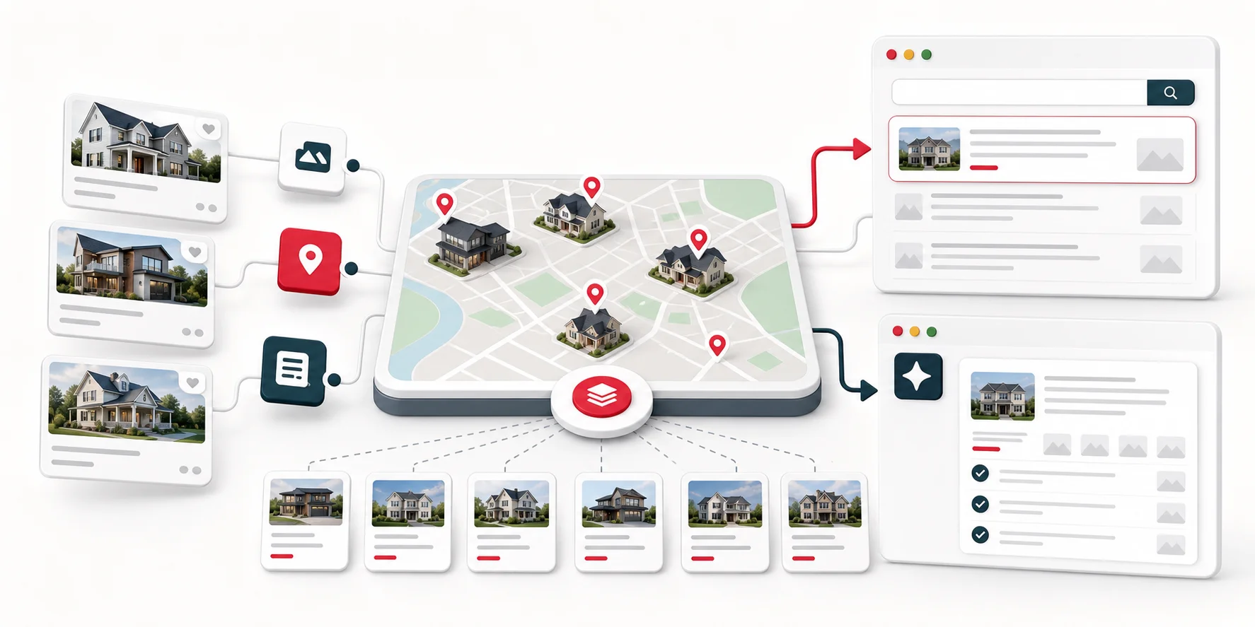 Illustration of neighborhood content pages and listing cards feeding search results and AI answer panels.